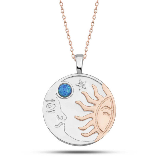 Gümüş Rose Opal Mavi Taşlı Ay Güneş Kadın Kolye Gümüş Rose Opal Mavi Taşlı Ay Güneş Kadın Kolye