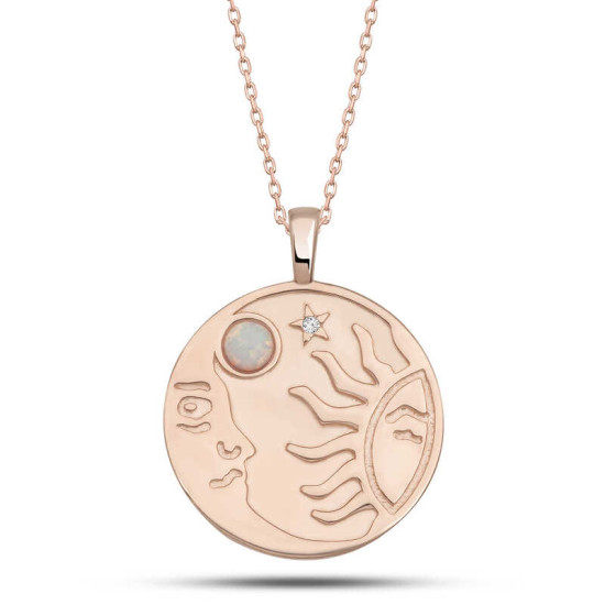 Gümüş Rose Opal Beyaz Taşlı Ay Güneş Kadın Kolye Gümüş Rose Opal Beyaz Taşlı Ay Güneş Kadın Kolye