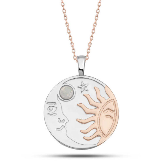 Gümüş Rose Opal Beyaz Taşlı Ay Güneş Kadın Kolye Gümüş Rose Opal Beyaz Taşlı Ay Güneş Kadın Kolye
