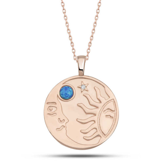 Gümüş Rose Opal Mavi Taşlı Ay Güneş Kadın Kolye Gümüş Rose Opal Mavi Taşlı Ay Güneş Kadın Kolye