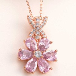 Gümüş Rose Pembe Sevgi Çiçeği Kadın Kolye