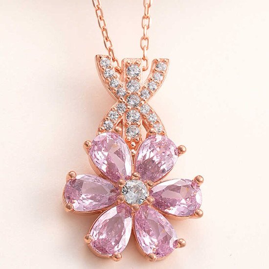 Gümüş Rose Pembe Sevgi Çiçeği Kadın Kolye