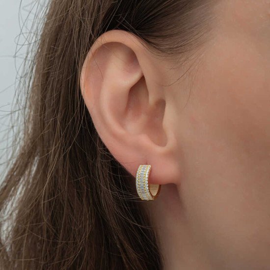 Gümüş Gold Baget Sıra Taşlı Halka Küpe Gümüş Gold Baget Sıra Taşlı Halka Küpe