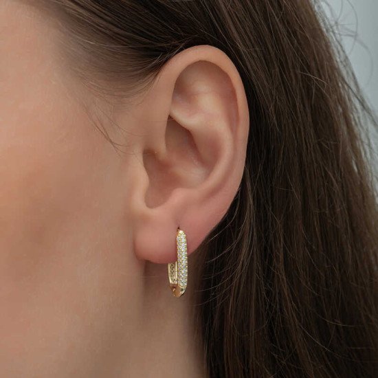 Gümüş Gold Çift Sıra Beyaz Taşlı J Kadın Küpe Gümüş Gold Çift Sıra Beyaz Taşlı J Kadın Küpe