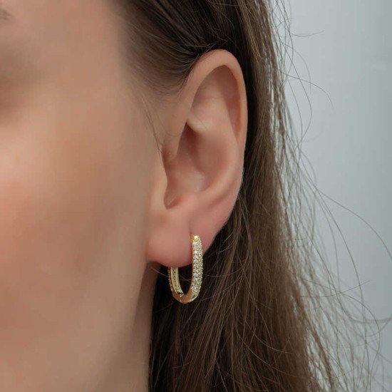 Gümüş Gold Çift Sıra Beyaz Taşlı J Kadın Küpe Gümüş Gold Çift Sıra Beyaz Taşlı J Kadın Küpe