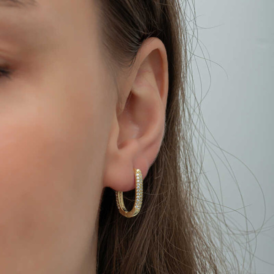 Gümüş Gold Çift Sıra Beyaz Taşlı J Kadın Küpe Gümüş Gold Çift Sıra Beyaz Taşlı J Kadın Küpe