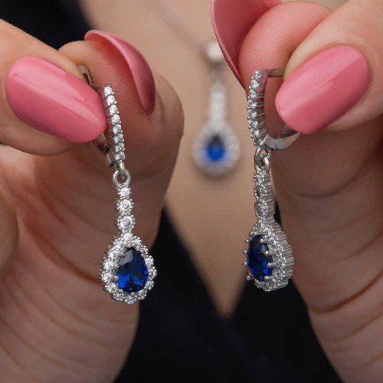 Gümüş Mavi Damla Zirkon Taşlı Kadın Set Gümüş Mavi Damla Zirkon Taşlı Kadın Set