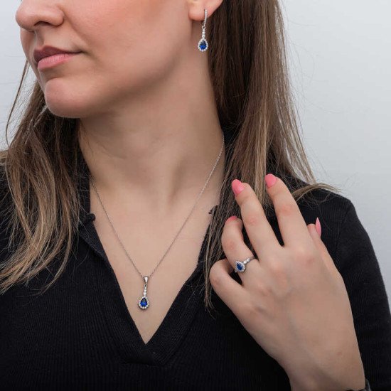 Gümüş Mavi Damla Zirkon Taşlı Kadın Set Gümüş Mavi Damla Zirkon Taşlı Kadın Set