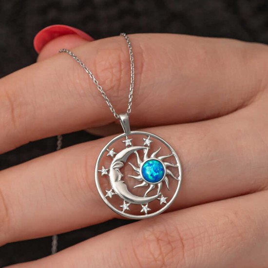 Gümüş Opal Mavi Taşlı Ay Güneş Kadın Kolye Gümüş Opal Mavi Taşlı Ay Güneş Kadın Kolye