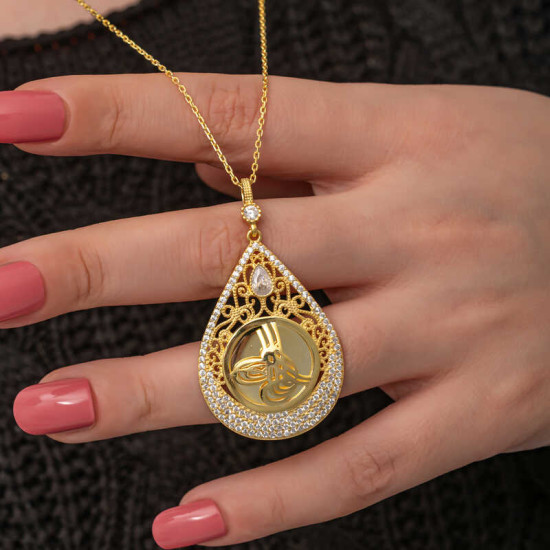 Gümüş Gold Kaplama Damla Tuğralı Kadın Kolye Gümüş Gold Kaplama Damla Tuğralı Kadın Kolye