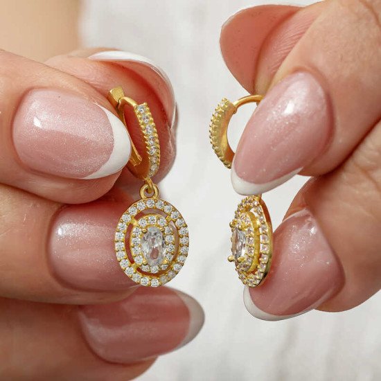 Gümüş Gold Oval Taşlı Sallantılı Küpe Gümüş Gold Oval Taşlı Sallantılı Küpe