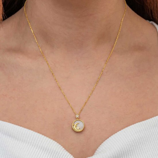 Gümüş Gold Sedef Taşlı Ay Yıldız Hilal Kadın Kolye Gümüş Gold Sedef Taşlı Ay Yıldız Hilal Kadın Kolye