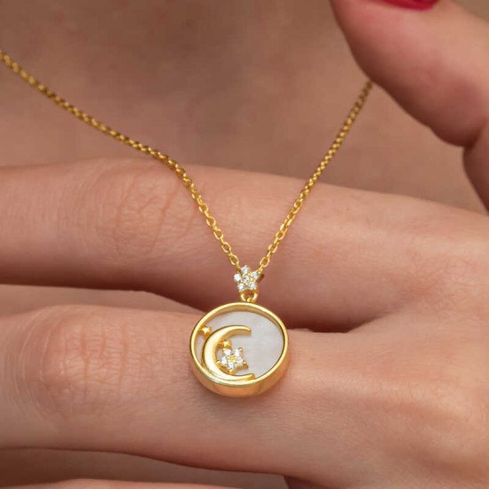 Gümüş Gold Sedef Taşlı Ay Yıldız Hilal Kadın Kolye Gümüş Gold Sedef Taşlı Ay Yıldız Hilal Kadın Kolye