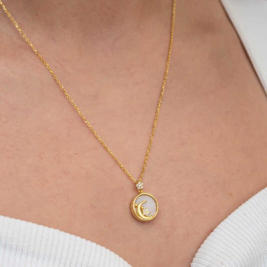 Gümüş Gold Sedef Taşlı Ay Yıldız Hilal Kadın Kolye Gümüş Gold Sedef Taşlı Ay Yıldız Hilal Kadın Kolye