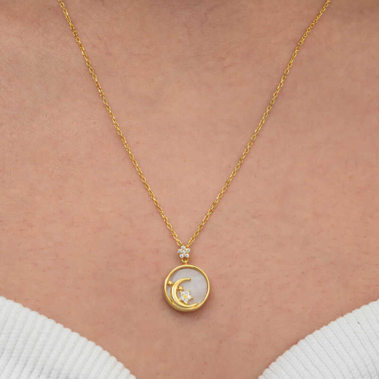 Gümüş Gold Sedef Taşlı Ay Yıldız Hilal Kadın Kolye Gümüş Gold Sedef Taşlı Ay Yıldız Hilal Kadın Kolye