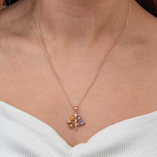 Gümüş Rose Renkli Hayat Ağacı Kadın Kolye Gümüş Rose Renkli Hayat Ağacı Kadın Kolye