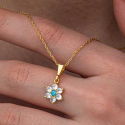 Gümüş Mavi Taşlı Gold Çiçek Kadın Kolye