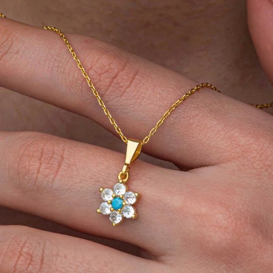 Gümüş Mavi Taşlı Gold Çiçek Kadın Kolye Gümüş Mavi Taşlı Gold Çiçek Kadın Kolye