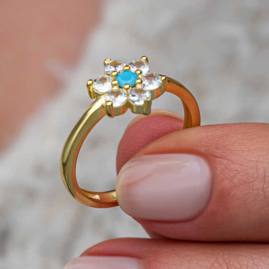 Gümüş Mavi Taşlı Gold Çiçek Kadın Yüzük Gümüş Mavi Taşlı Gold Çiçek Kadın Yüzük