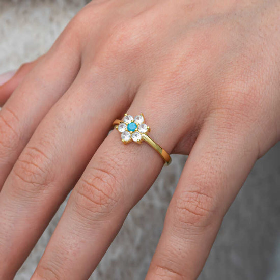 Gümüş Mavi Taşlı Gold Çiçek Kadın Yüzük Gümüş Mavi Taşlı Gold Çiçek Kadın Yüzük