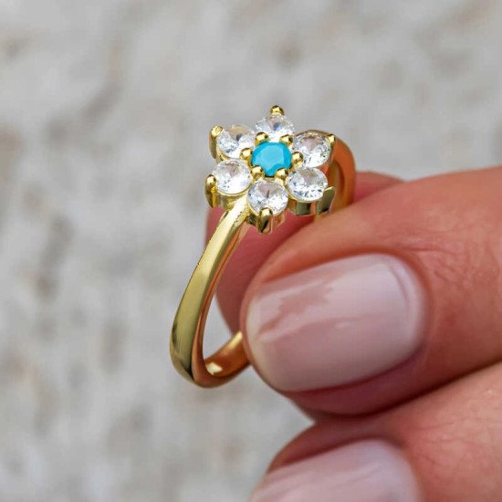 Gümüş Mavi Taşlı Gold Çiçek Kadın Yüzük Gümüş Mavi Taşlı Gold Çiçek Kadın Yüzük