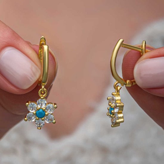 Gümüş Mavi Taşlı Gold Çiçek Kadın Set