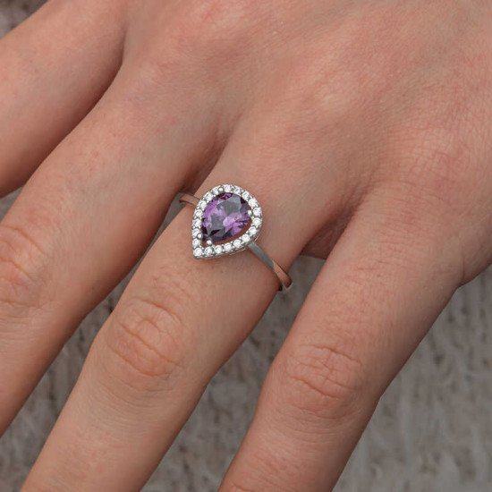 Gümüş Damla Mor Taşlı Kadın Yüzük
