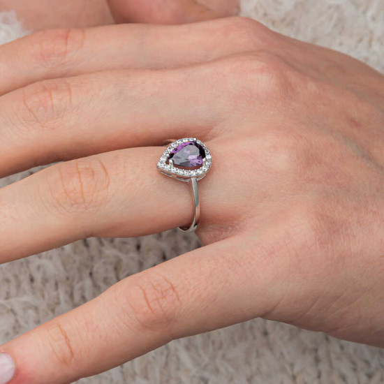 Gümüş Damla Mor Taşlı Kadın Yüzük